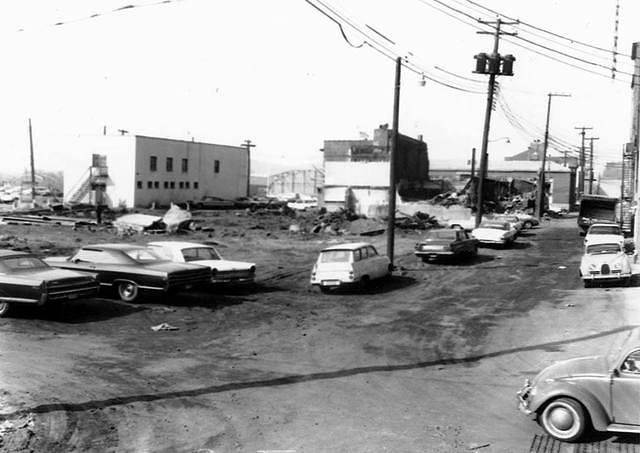 Photo taken from the corner of Market and Wharf Streets looking north. Wharf Street on right side of photo. This tract of land now houses CVS in the foreground and Burger King in the background.